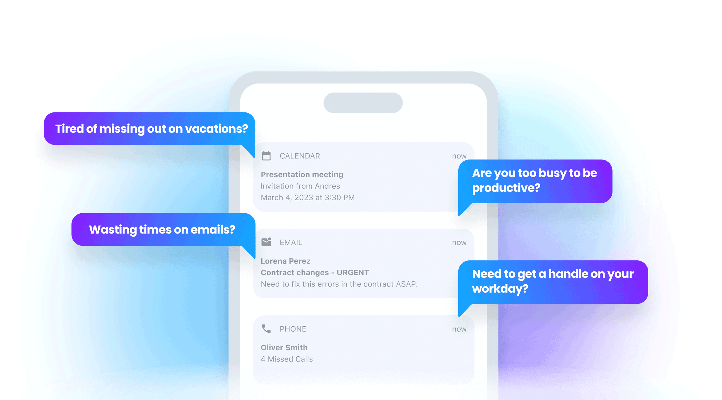 Mobile phone screen displaying alerts and reminders with questions about productivity and work-life balance.