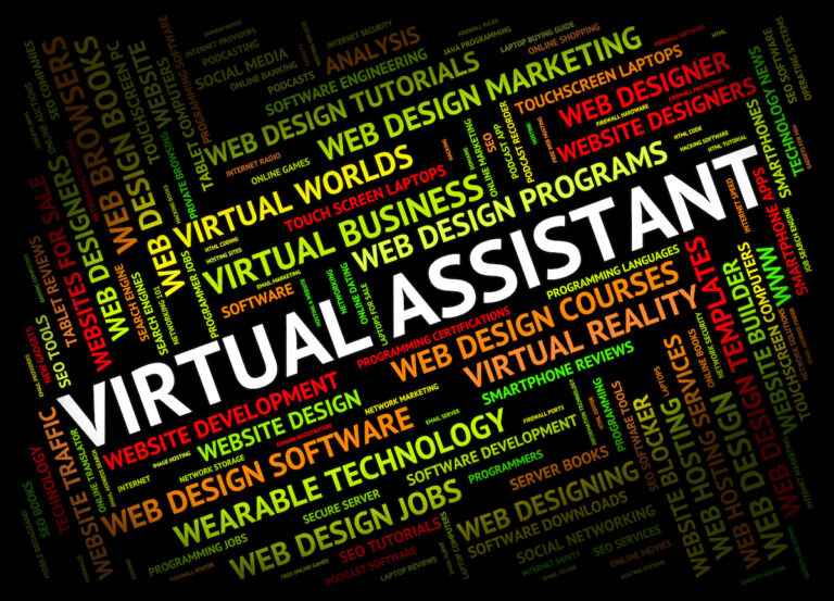 Virtual assistant concept with colorful keywords like web design, technology, and business programs.