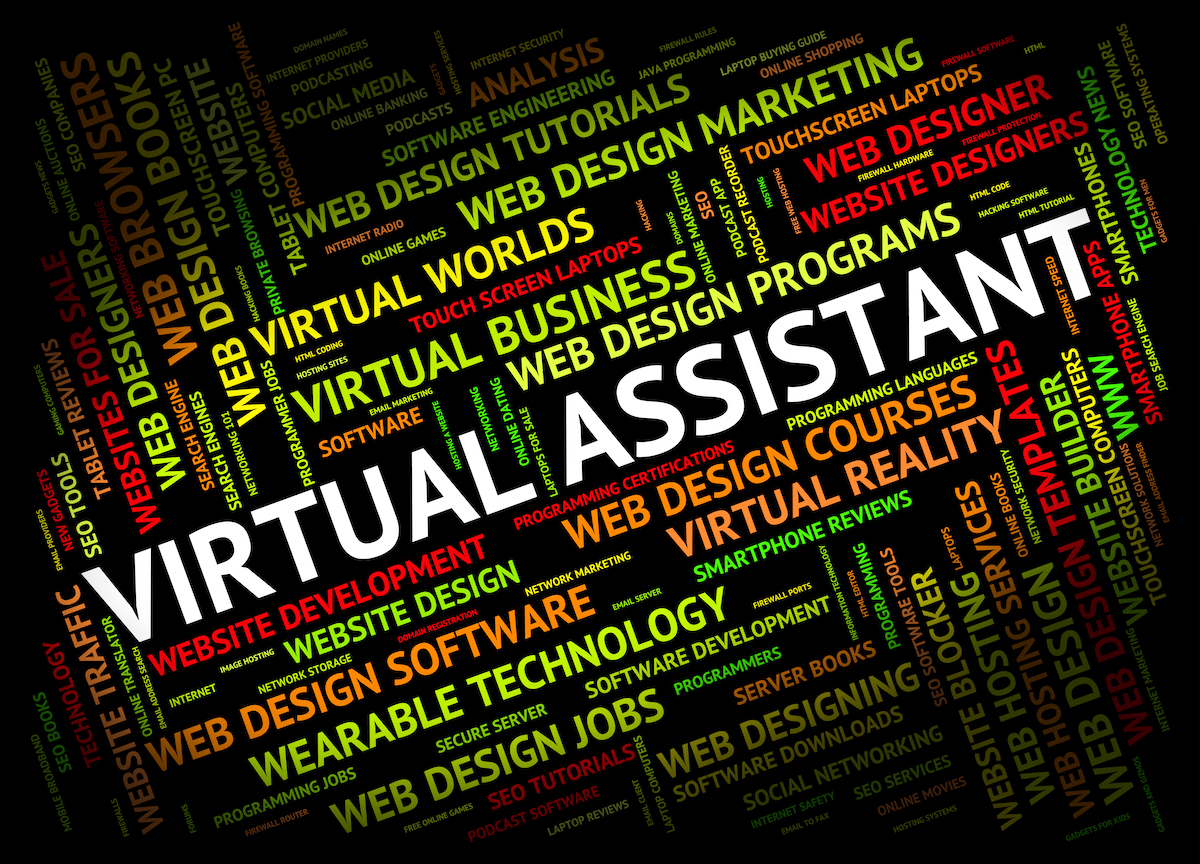 Virtual assistant concept with colorful keywords like web design, technology, and business programs.