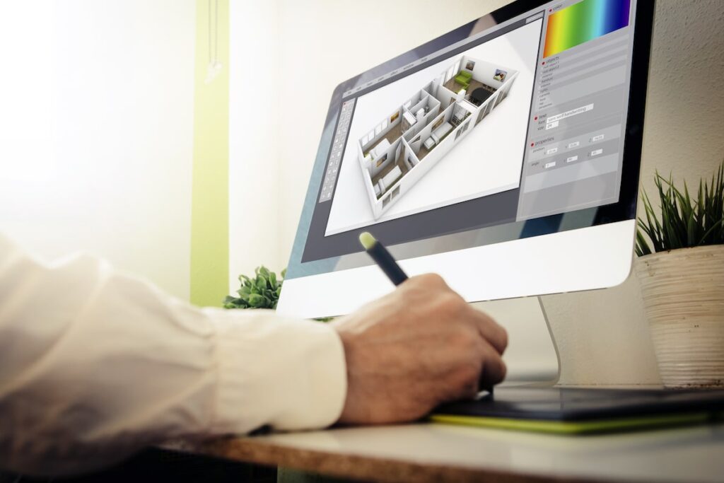 Virtual assistant designing 3D model of a building. 