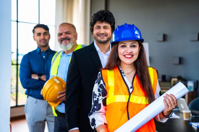 Group of professionals in safety gear and business attire standing inside an office.