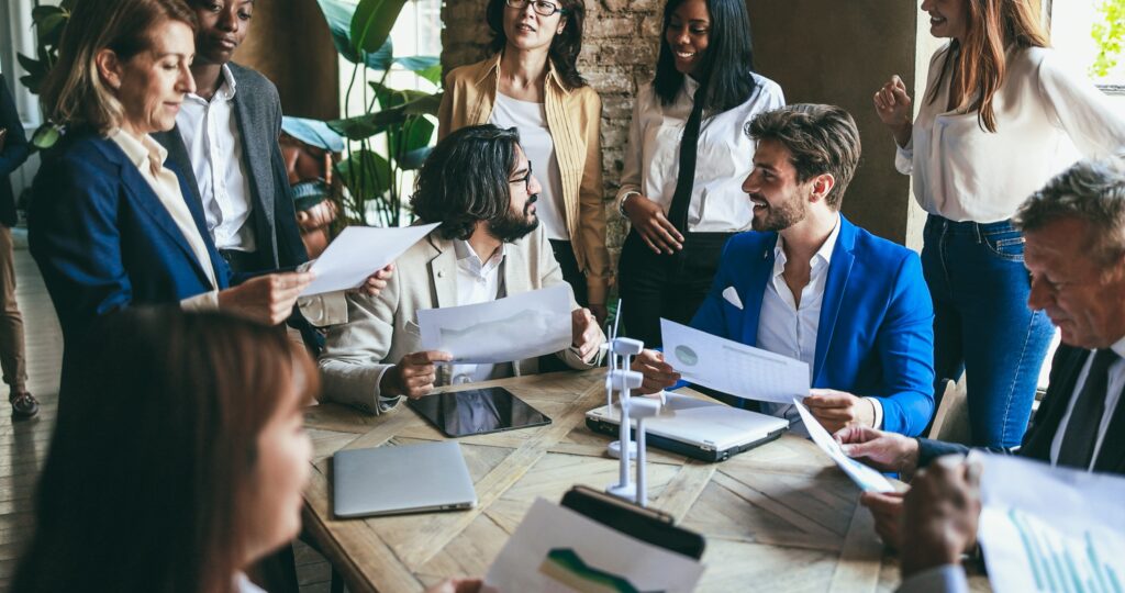 Business team collaborating over documents
