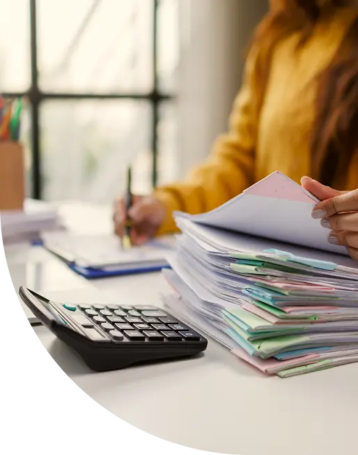 Virtual worker sorting documents with calculator