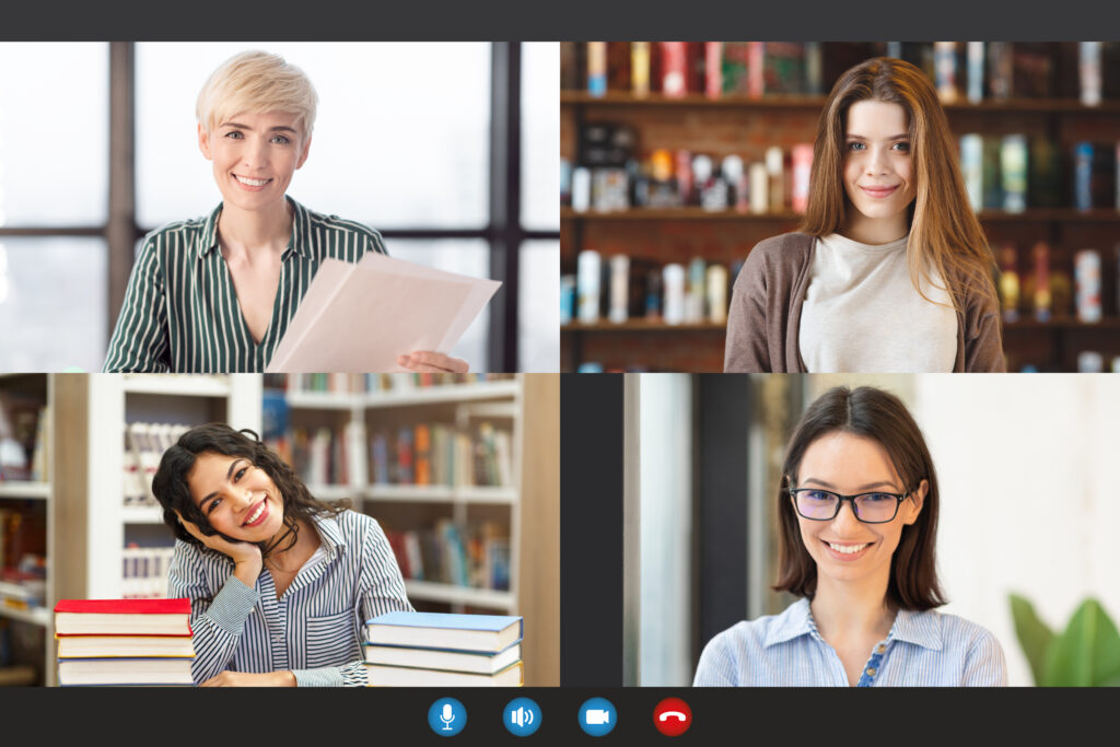 Women smiling on video call at home and library