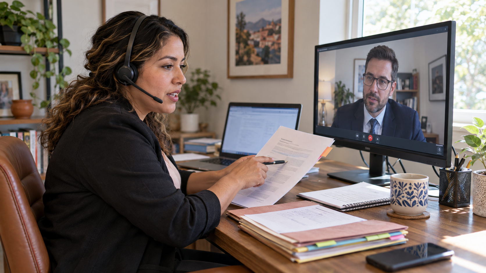 Remote paralegal collaborating with an attorney by video