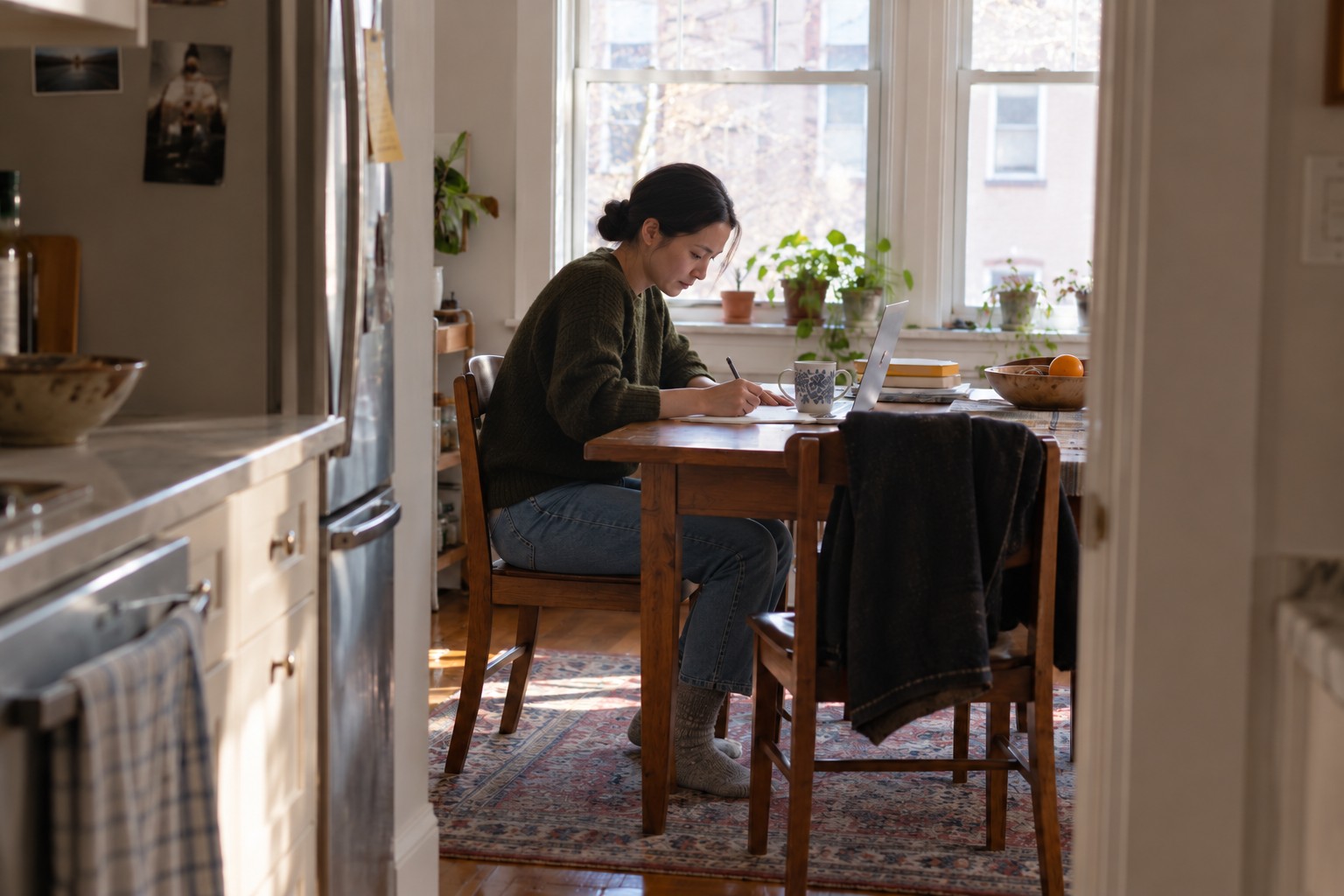 Woman working on a laptop and writing notes at her kitchen table.