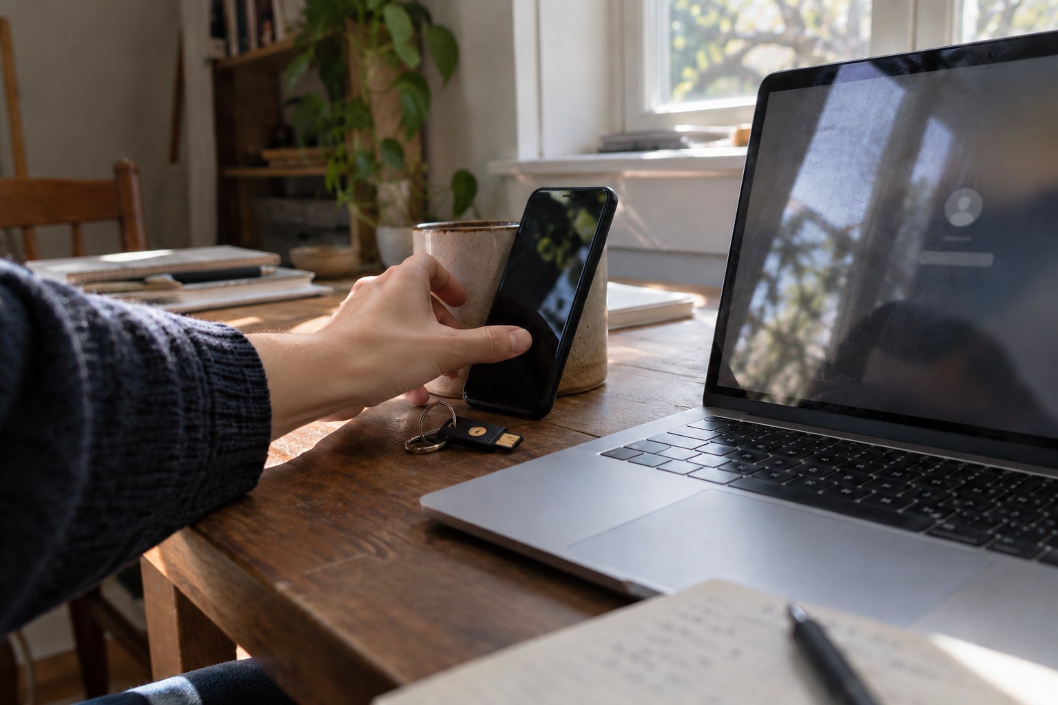 Hand reaching for a smartphone beside a laptop and coffee mug.