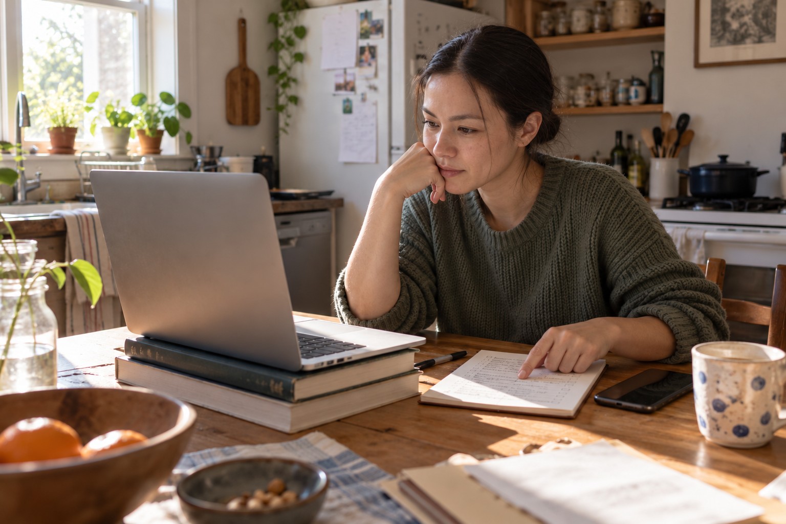 Woman reviewing her laptop and handwritten notes at a kitchen table.