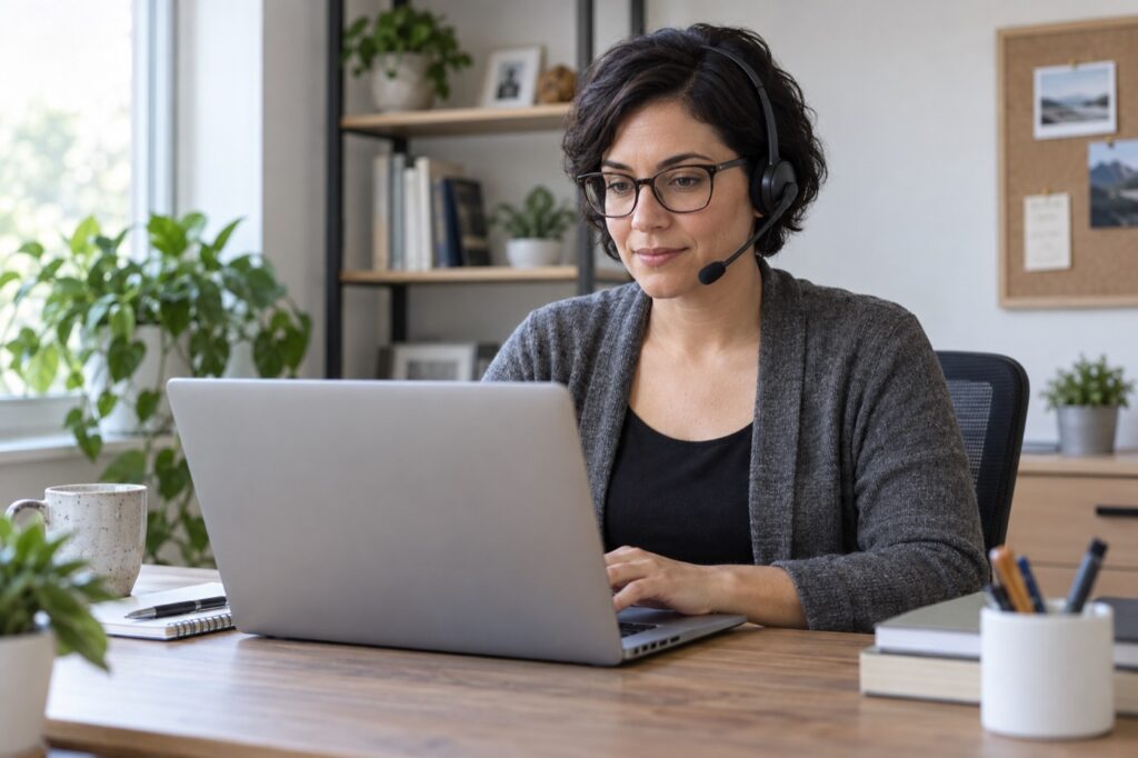 Remote administrative assistant wearing a headset while working on a laptop