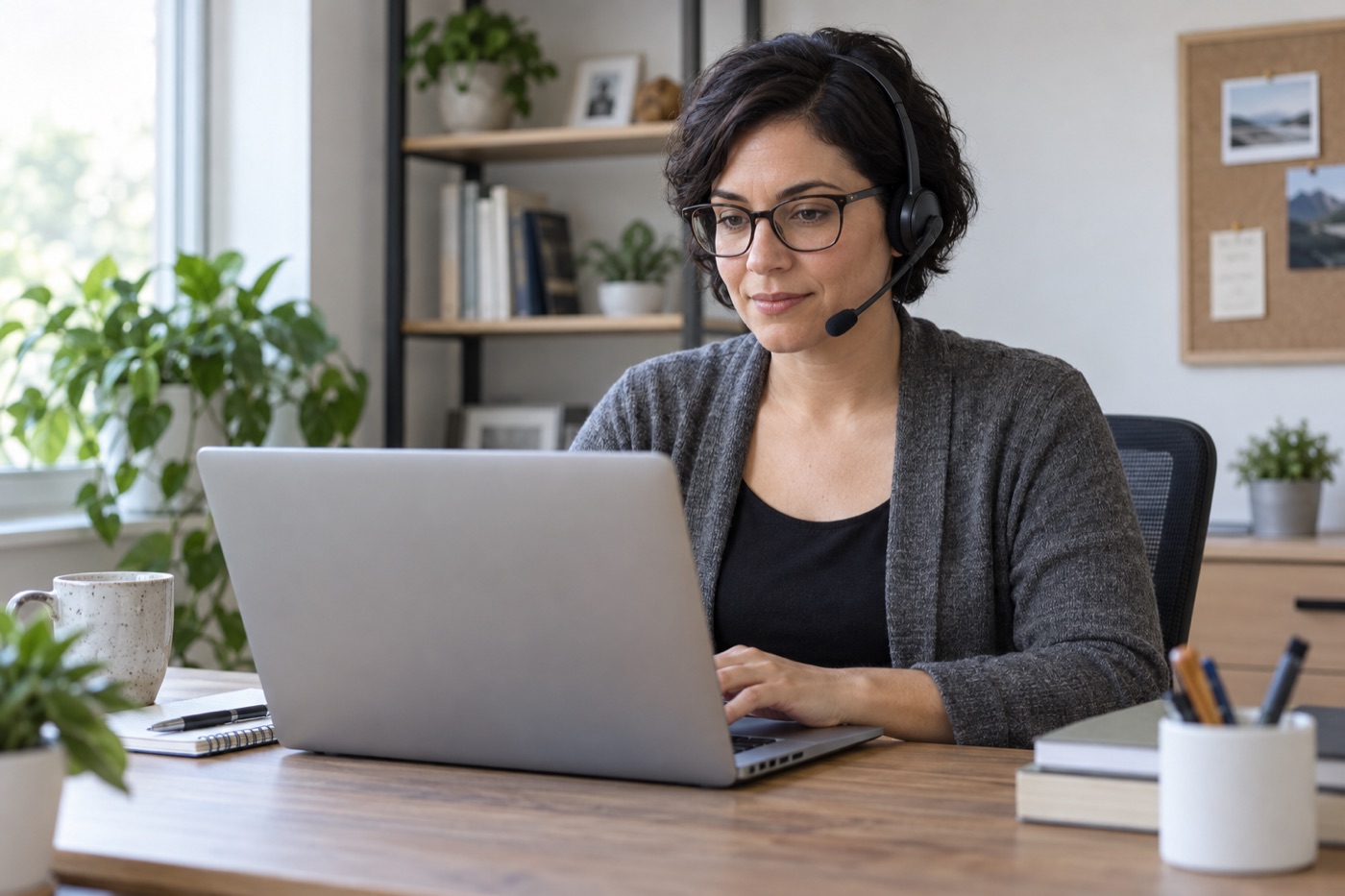 Remote administrative assistant wearing a headset while working on a laptop
