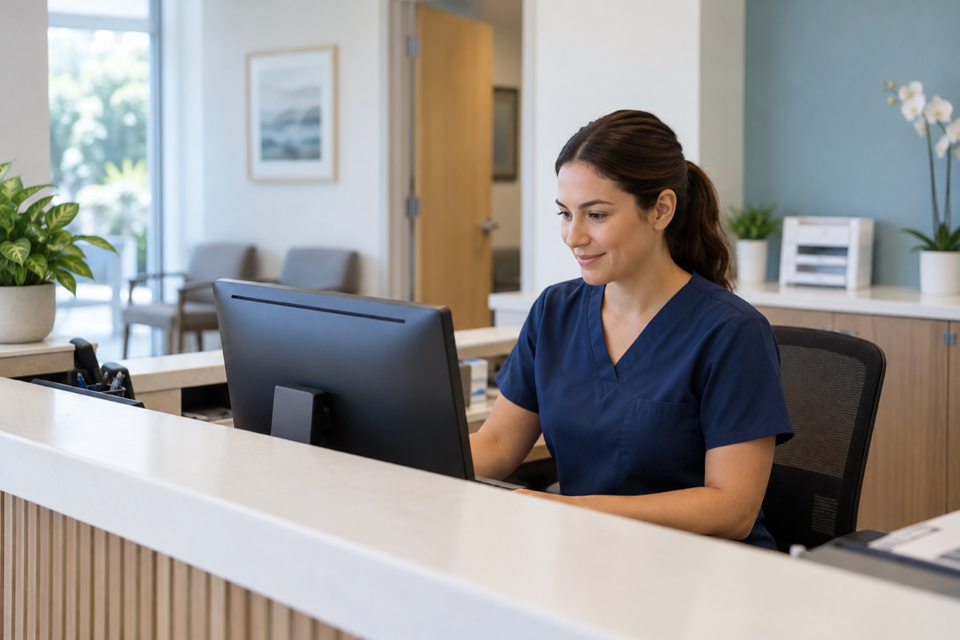 Medical receptionist working at a computer at a clinic front desk