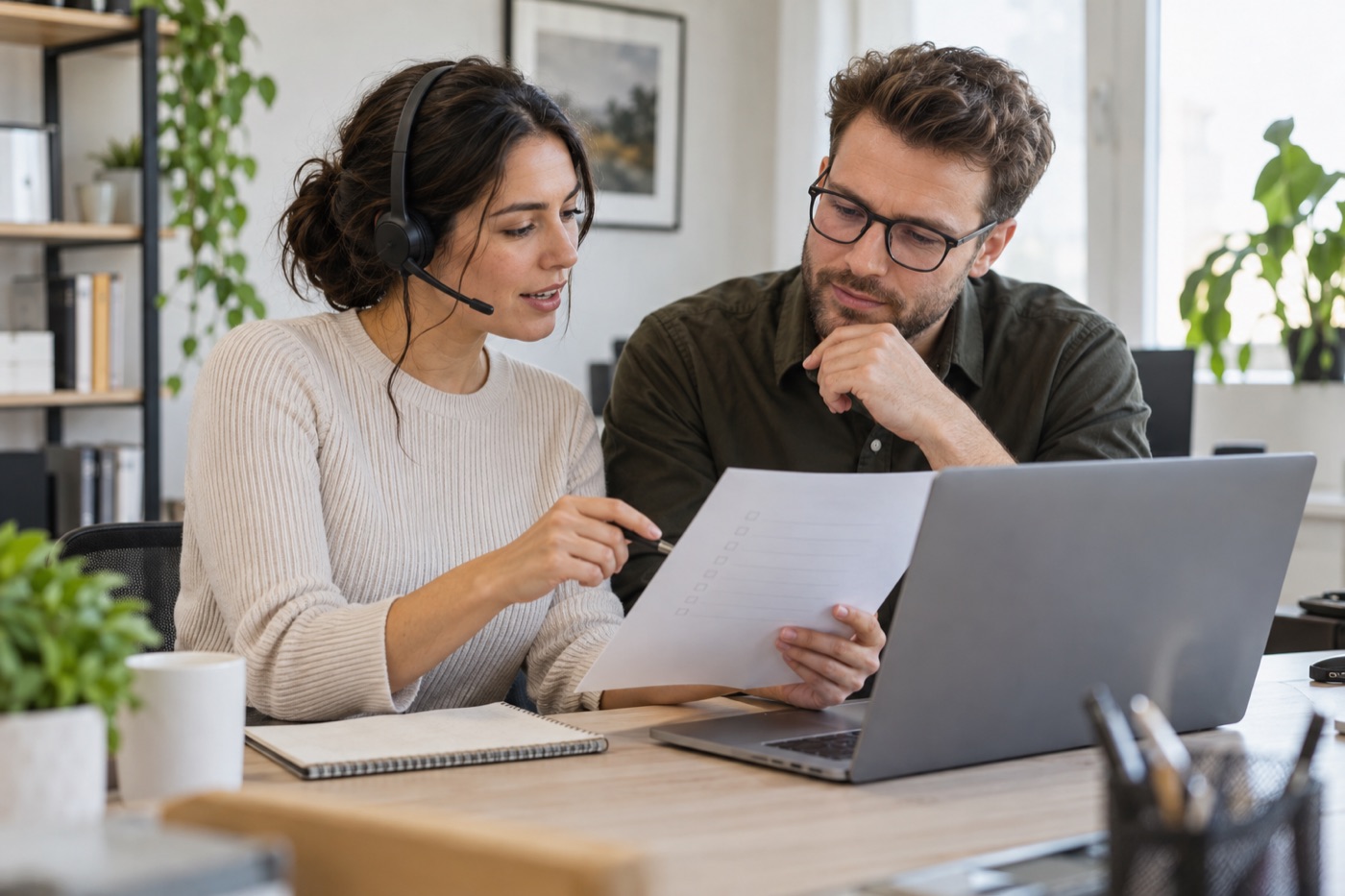 Two colleagues reviewing a checklist beside a laptop