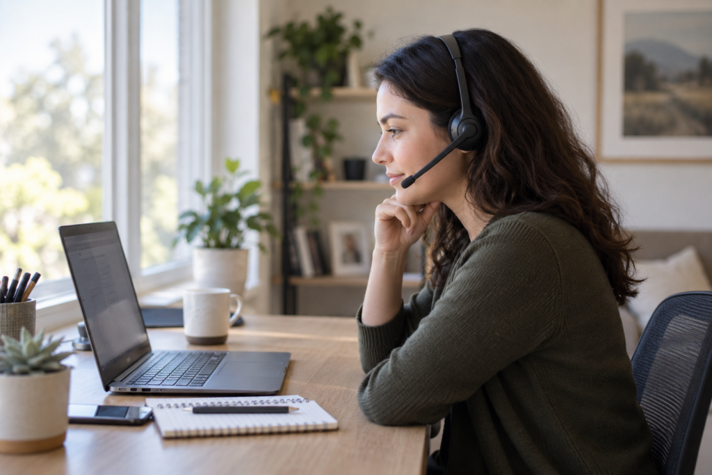 Remote administrative professional wearing a headset at a workstation