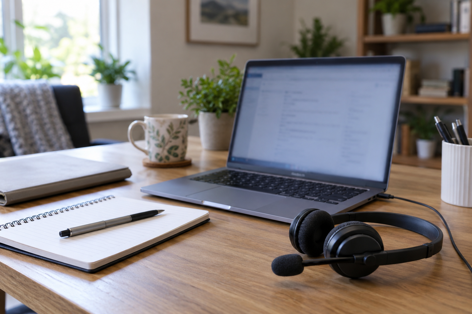 Laptop and headset at a remote healthcare administrative workstation